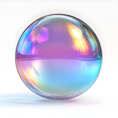 Iridescent soap bubble floating on white background