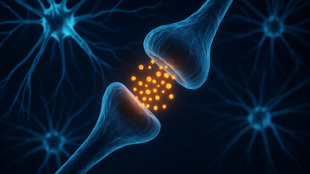 Secretion of acetylcholine moving between the dendrites of activated neurons with orange glowing neurotransmitters in blue neural network background