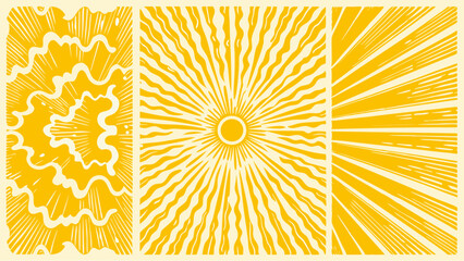 Three panels depicting stylized sunbursts and wavy lines in yellow and cream color scheme design art