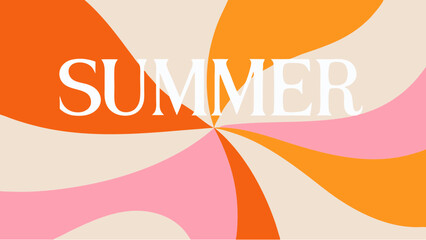 Retro summer themed background with swirling orange and pink rays and the word summer in white text