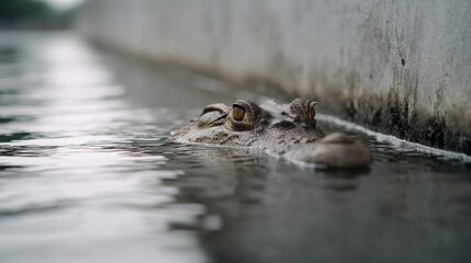 An alligator's eyes and snout emerge stealthily above the water surface, blending into its murky surroundings, exuding an air of watchful mystery.