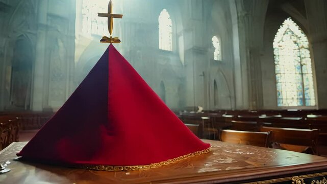 A red bishop mitre and vestment placed on a wooden table inside a grand church, symbolizing preparation before the papal conclave, Generative AI Videos.