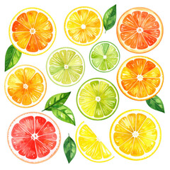 Vibrant Watercolor Illustration of Isolated Citrus Fruits on White Background Featuring Oranges, Limes, Grapefruits, and Lemons with Lush Green Leaves