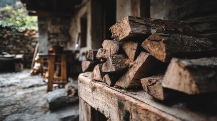 Stacked firewood in a rustic setting, evoking a sense of warmth, preparation, and the charm of rural life.