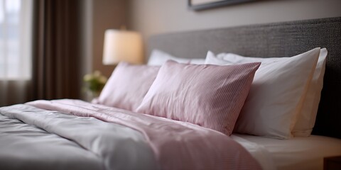 Serene bedroom setup showcasing bedding, lamp, window and neutral interior