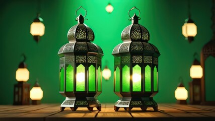 Obraz premium Illuminated Ornate Lanterns on Wooden Surface with Soft Green Background