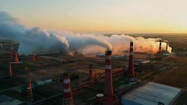 Aerial view of a chemical plant at sunset, Drone shot,Curling fire and cumin smoke filling the sky, Smoking chimneys from the factory, Generative AI Videos.