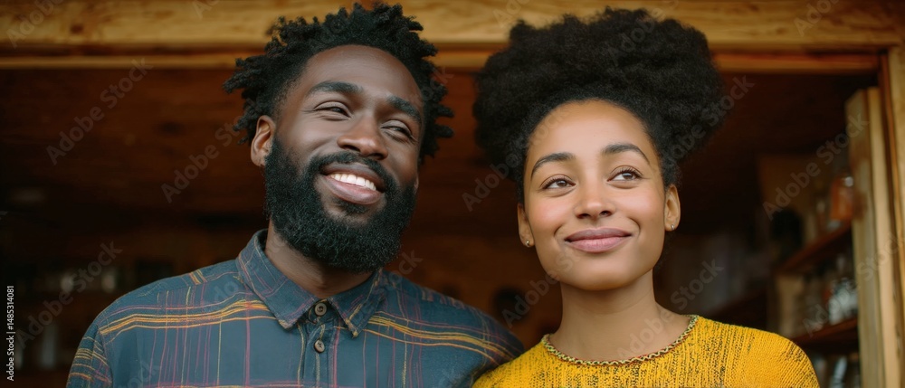 Aufkleber a joyful couple smiling together in a cozy natural light setting with rustic wooden background captu