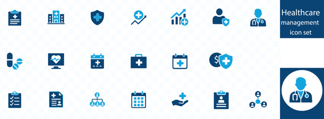 medical management icon set. doctor, medicine, hospital, treatment, healthcare, nurse, pills, clinic and more..