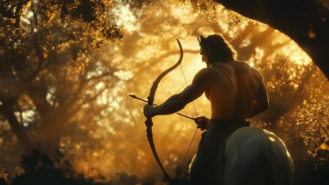 A man is riding a horse and holding a bow and arrow. The image has a mood of adventure and excitement