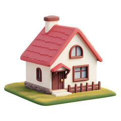 Whimsical, cartoonish representation of a charming little cottage, presented in a vibrant and colorful style. The miniature house sits on a patch of grass.