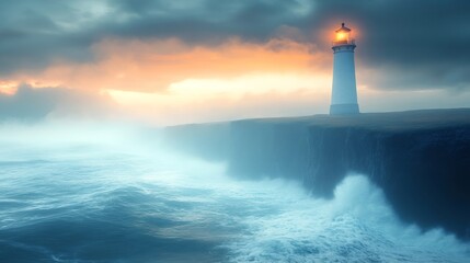 Lighthouse guiding ships through stormy seas at sunset