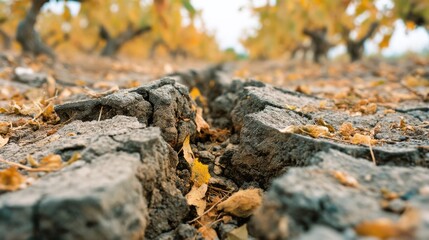 Obraz premium Cracks in the parched earth stretch into the distance amidst a field of yellowing vines, evoking a sense of harsh beauty and resilience.