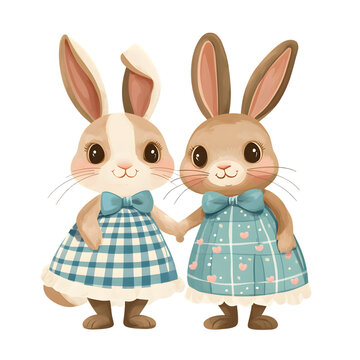 Vintage Easter Bunny Couple in Blue Check Frok Isolated