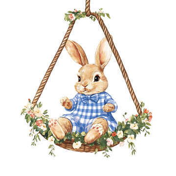 Vintage Easter Bunny in Blue Check Frok Sitting Outdoors