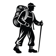 Hiking silhouette vector art illustration, Hiker Silhouette Trekking Uphill with Stick