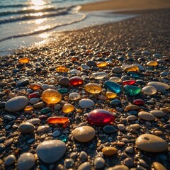 A close-up of sunlight catching the colors in wet pebbles on a serene beach.