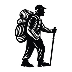 Hiking silhouette vector art illustration, Hiker Silhouette Trekking Uphill with Stick