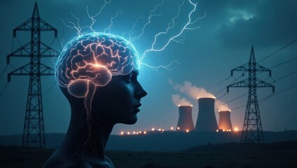 Glowing AI brain consumes energy amidst power plants, highlighting the energy crisis