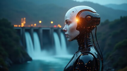 Futuristic AI entity symbolizes energy crisis impact near hydroelectric dam at dusk