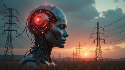 Futuristic concept of artificial intelligence highlighting energy consumption challenges at sunset