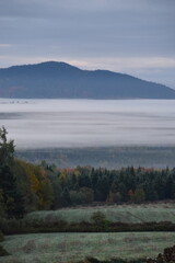 Fototapeta premium A fog on an autumn morning, Sainte-Apolline, Québec, Canada
