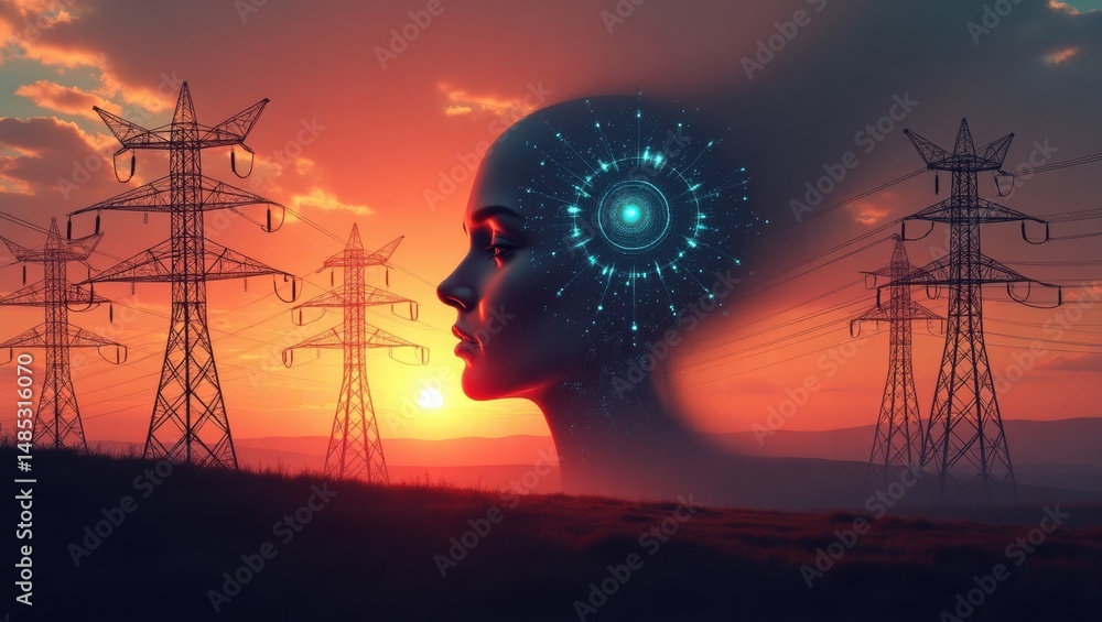 Poster enormous ai face merges with power lines in surreal landscape highlighting energy consumption concer