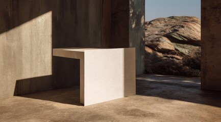 Minimalist concrete display platform in a rustic setting