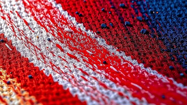 close-up view of textured surface featuring vibrant blend of red white blue colors. surface appears to fabric similar material noticeable pattern of raised dots streaks of paint. vivid...