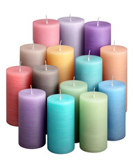 Arrangement of colorful cylinder candles providing light and calming ambiance