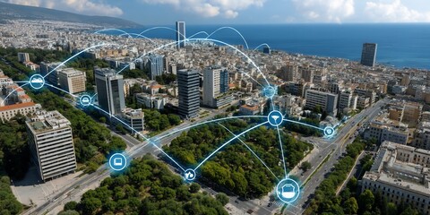 Smart city network connects buildings in urban area near seaside from above
