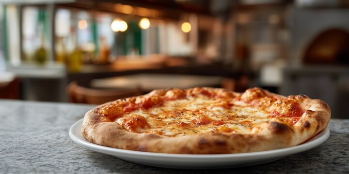 Delicious margherita pizza on stone counter in cozy italian restaurant