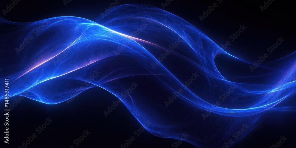 Poster flowing blue luminous waves against a dark background creating a sense of fluidity and movement