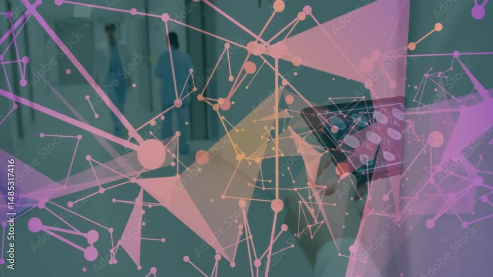 Poster woman holding smartphone scanning network overlay in blurred corridor displaying tech data