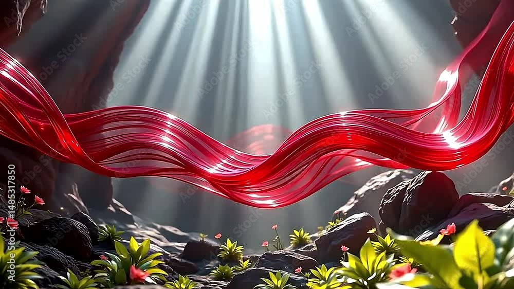 Poster serene surreal landscape where vibrant red translucent ribbons gracefully flow rocky terrain. scene 