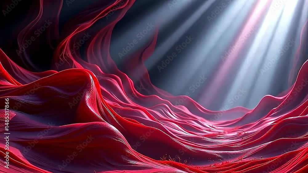 Poster and abstract scene filled flowing vibrant red pinkish-red fabric-like textures that create sense of 