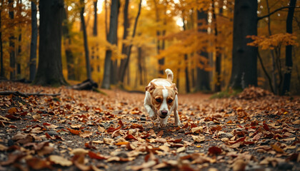 Dog walking on autumn leaves in a forest during fall season  