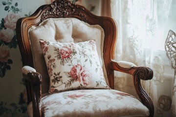 Vintage Floral Chair with Decorative Pillow in Cozy Room Setting