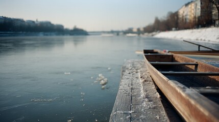 Naklejka premium A serene frozen river scene with a wooden canoe on a snowy bank, illustrating the quiet, reflective beauty of winter waterscapes.