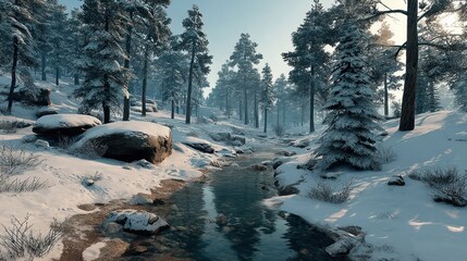 Snowy forest stream path