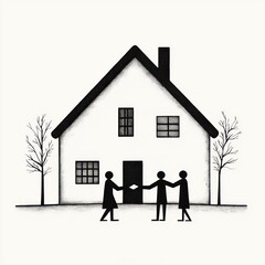 Black and white minimalist illustration of three people standing outside a house holding diamond-shaped object, two leafless trees on either side, conveying cooperation or unity
