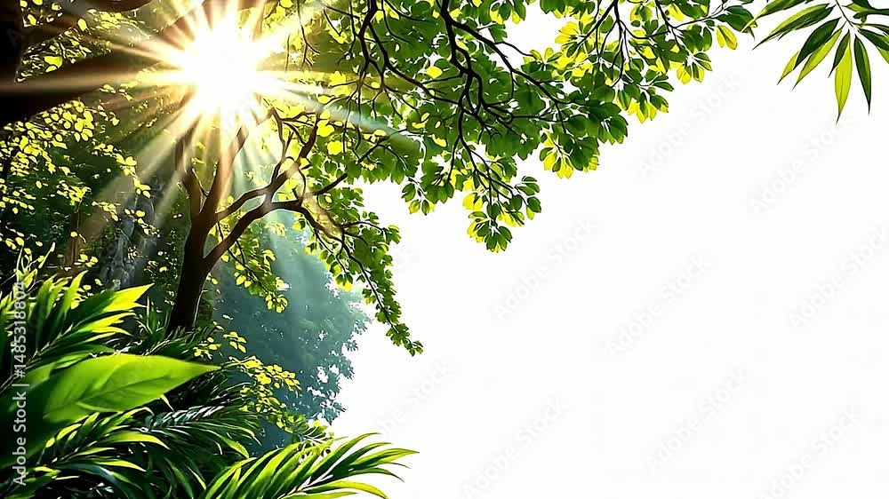 Poster lush vibrant scene of nature where sunlight filters dense canopy of green leaves casting radiant glo
