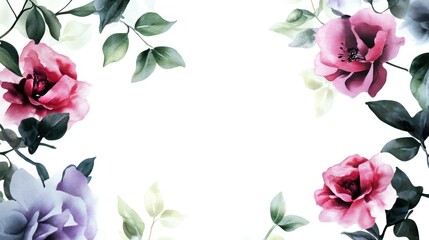 Watercolor floral frame with roses. Great for stationery and invites.