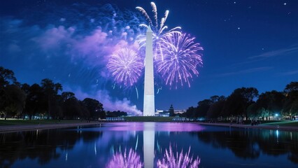 Naklejka premium Fourth of July Fireworks Over the Washington Monument Reflecting in the Reflecting Pool at Night, Washington, D.C., USA. A Captivating Celebration of American Independence Day