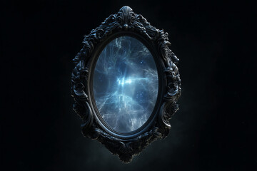 Gothic mirror with glowing AI spirit made of code and fractals.
