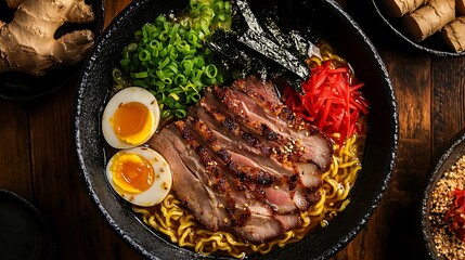 A bowl of ramen with sliced pork, soft-boiled eggs, and various toppings