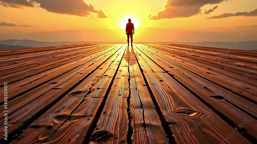 Poster serene captivating scene of wooden pathway extending distance bathed warm glow of setting sun. pathw