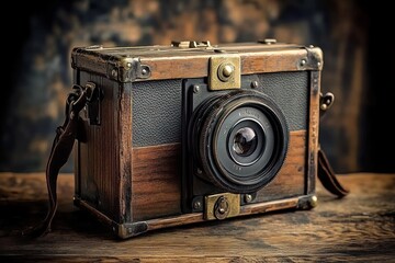 Vintage wooden box camera with leather strap and brass hardware placed on rustic wooden surface surrounded by blurred warm-toned background
