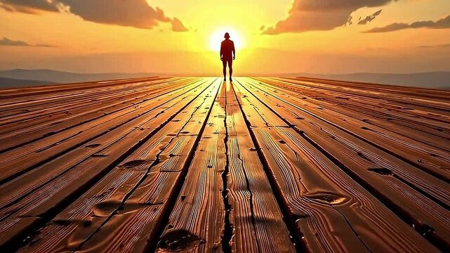 serene captivating scene of wooden pathway extending distance bathed warm glow of setting sun. pathway meticulously crafted parallel wooden planks each marked subtle lines textures that add...