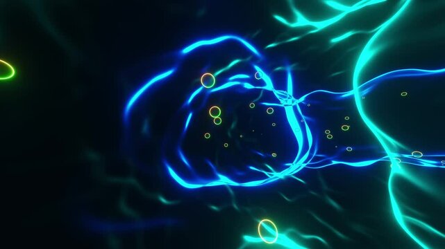 Transparent blue circular tunnel with green bubbles. Looped animation